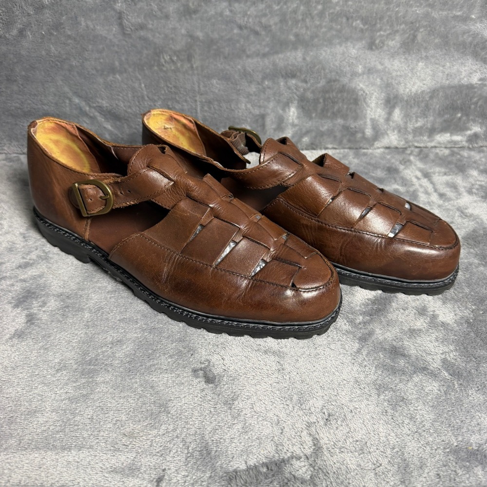 VTG Nunn Bush SZ 9.5 Wmns Brown Leather Fisherman Sandals Woven Huarache Shoes